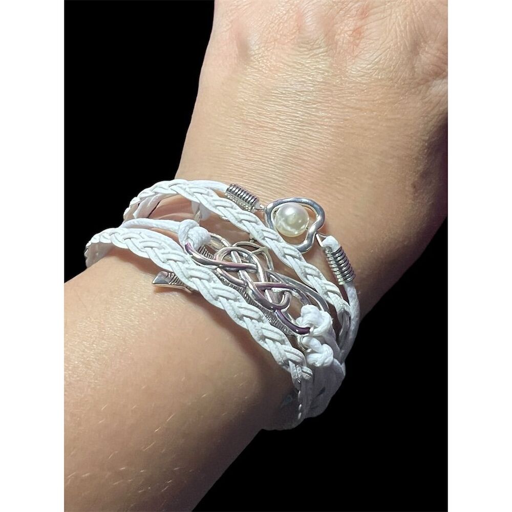 French-Themed Faux Leather Bracelet w/ Silver Charms & Pearl - White Adj… - Picture 7 of 8